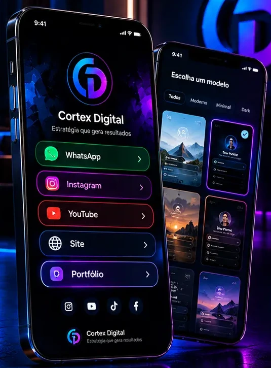 Página Cortex Bio exibida em smartphones, com botões de WhatsApp, Instagram, YouTube, Site e Portfólio