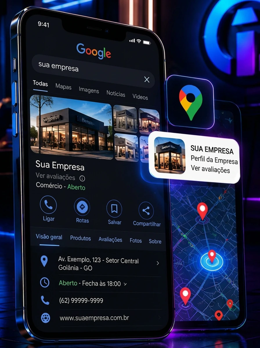 Perfil de empresa ilustrativo na busca do Google e no Google Maps
